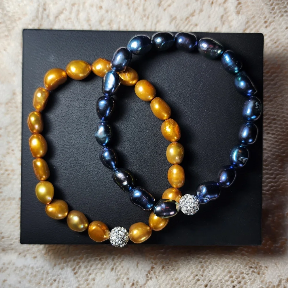 Bracelet Cultured Pearl Blue and Gold with Rhinestones Set